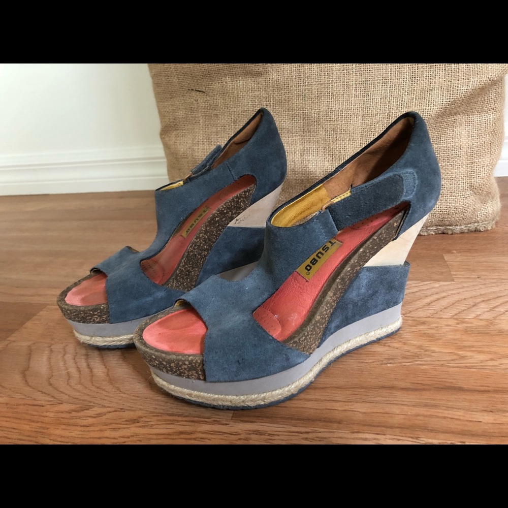 Tsubo Suede Gray Open Toe Platforms Cork Wood Sz8
